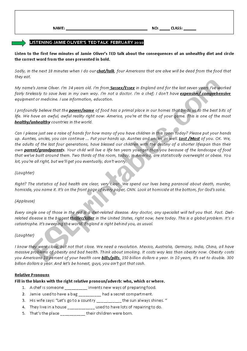 Jamie oliverÂ´s TED talk worksheet