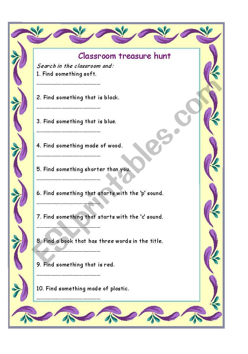 Classroom treasure hunt worksheet