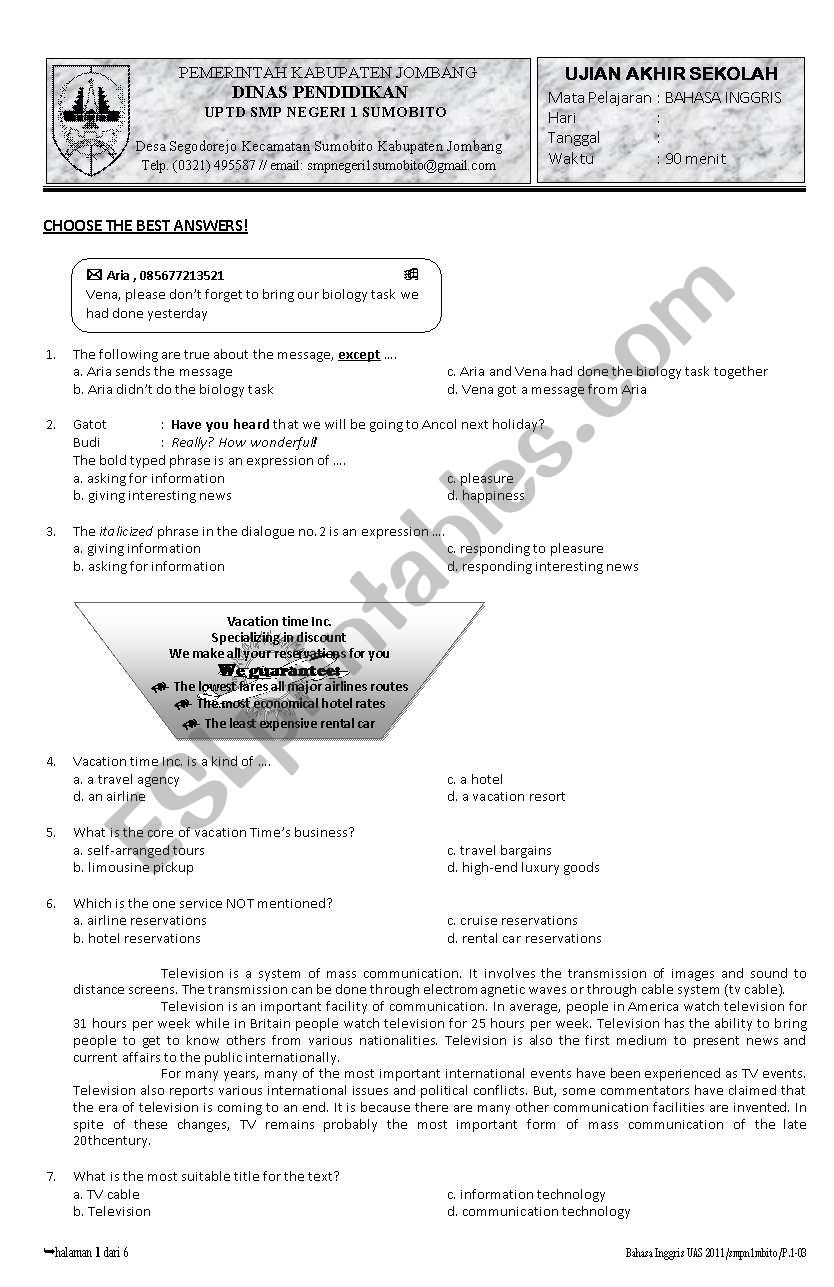 test for SMP students of SMPN 1 SUMOBITO-INDONESIA