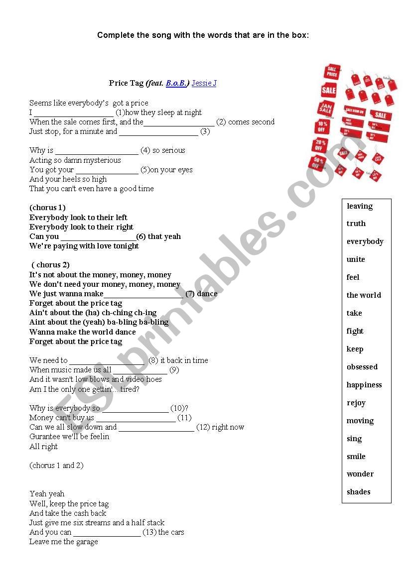 SOng : Price Tag worksheet