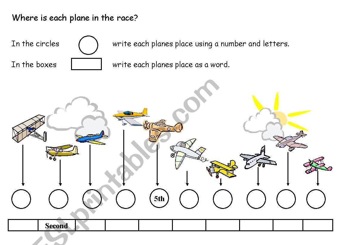 Ordinal numbers plane race worksheet