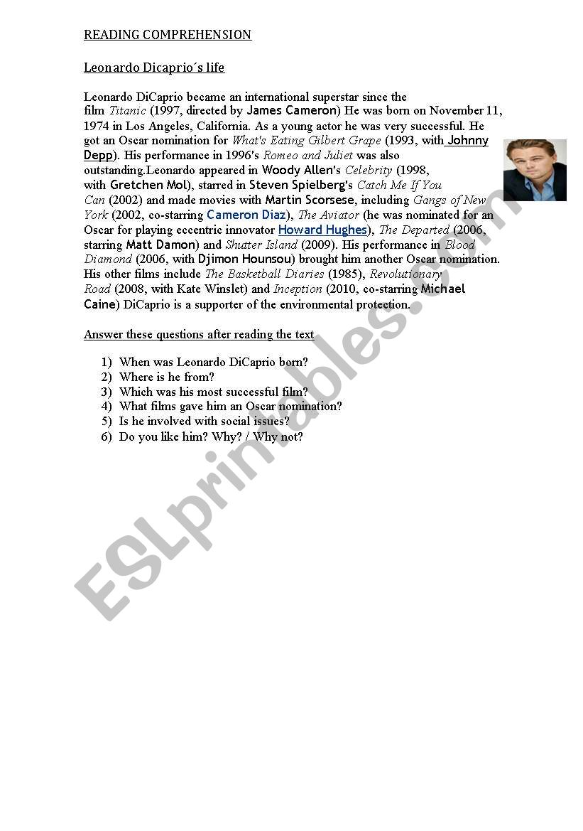 LEONARDO DICAPRIO`S BIOGRAPHY WITH QUESTIONS - ESL Worksheet By - LEONARDO DICAPRIO`S BIOGRAPHY WITH QUESTIONS - ESL Worksheet By