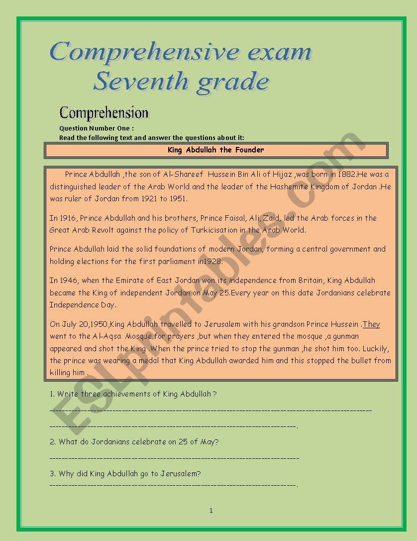 comprehensive exam  worksheet