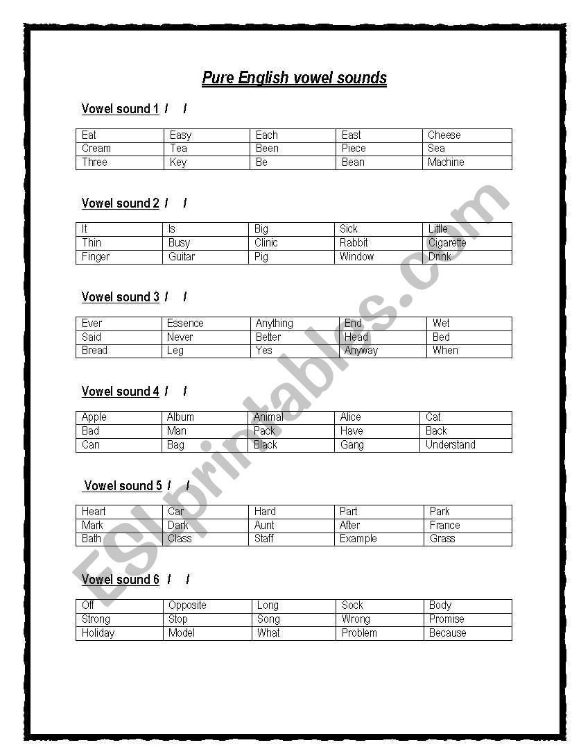 pure english vowel sounds worksheet