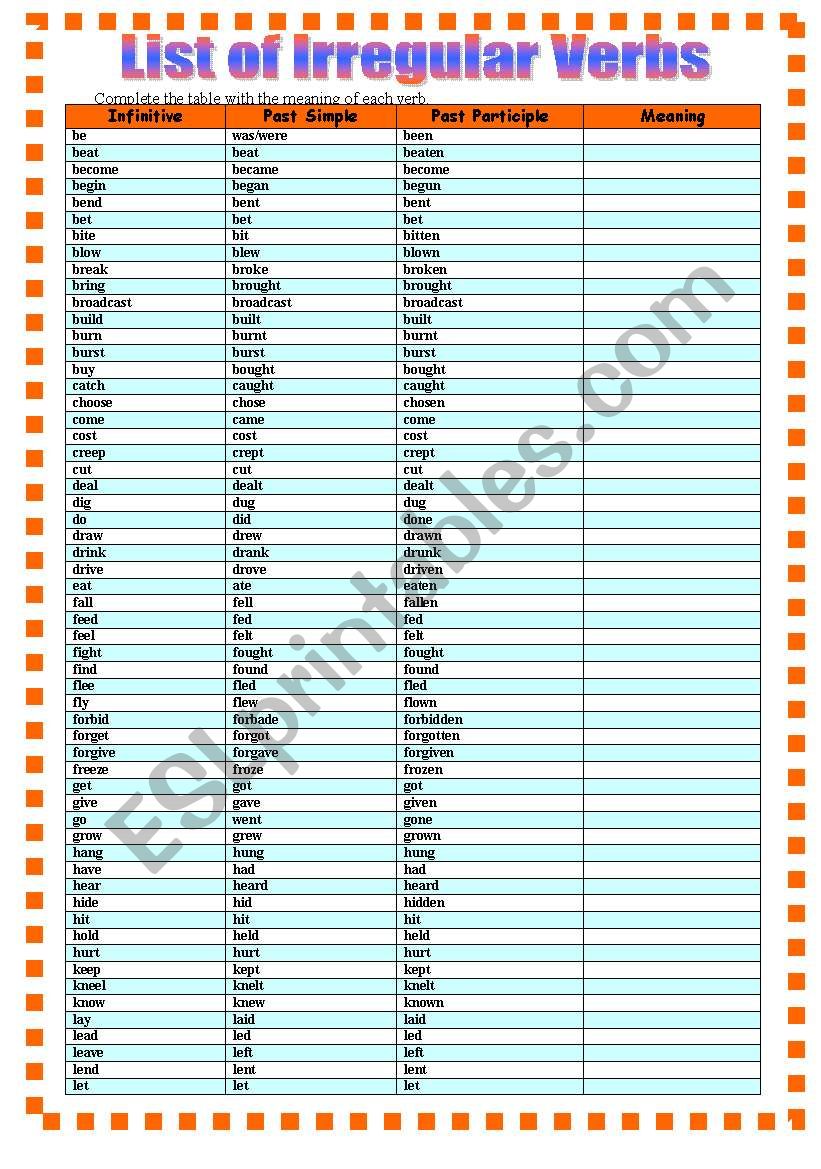 List of irregular verbs worksheet