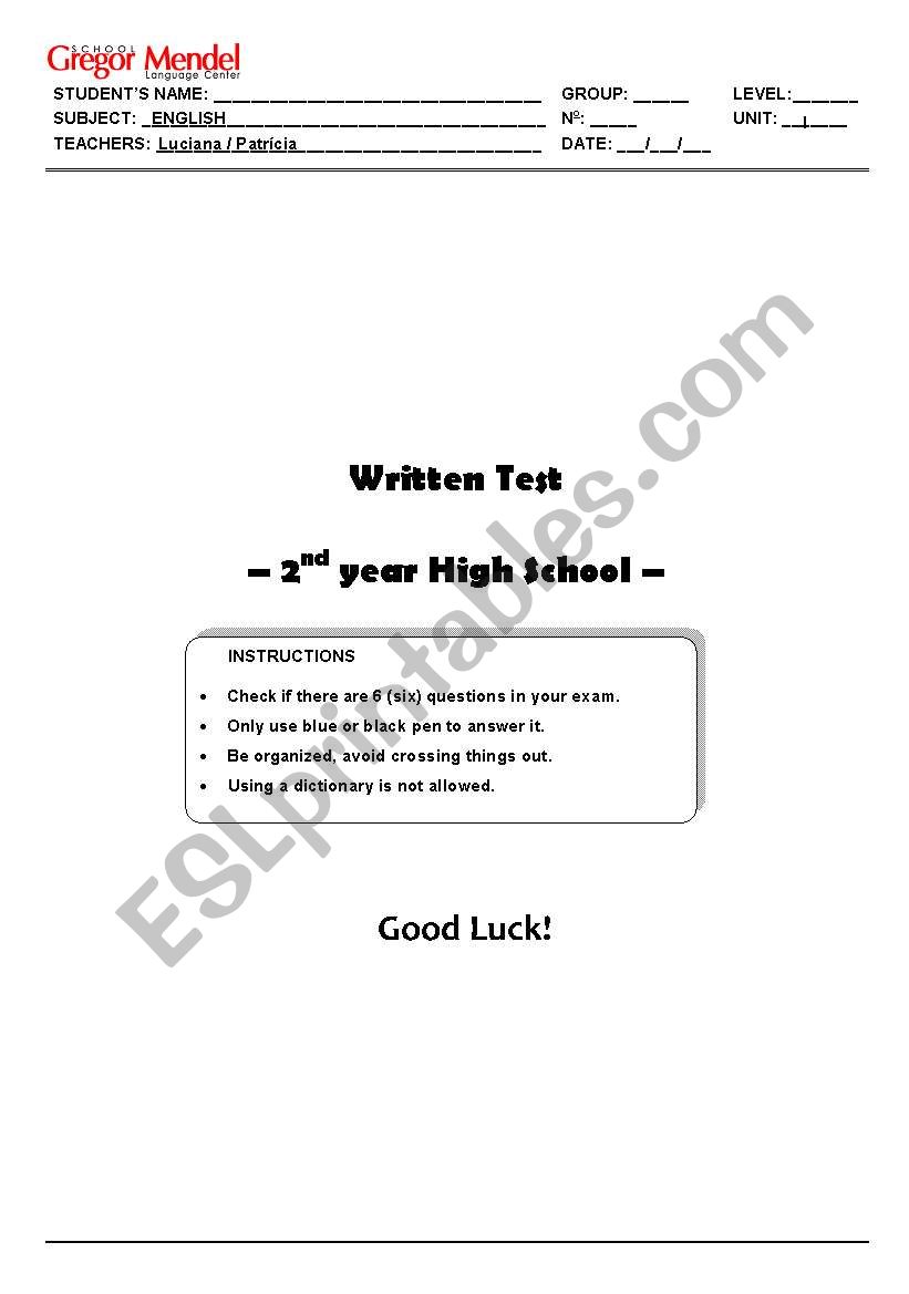 Written test worksheet