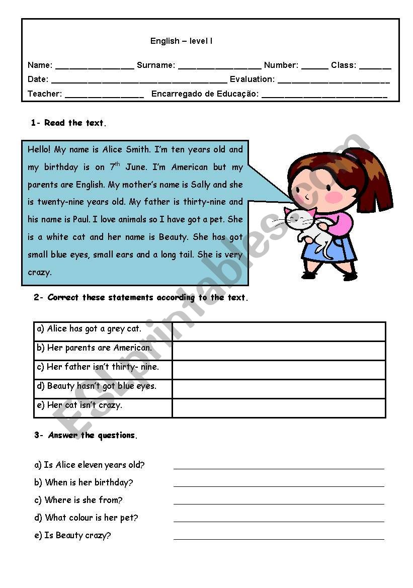 Test birthdays and pets worksheet