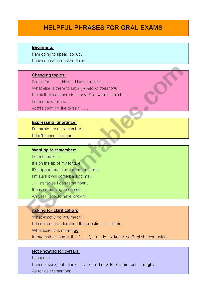 Useful phrases for oral exams worksheet