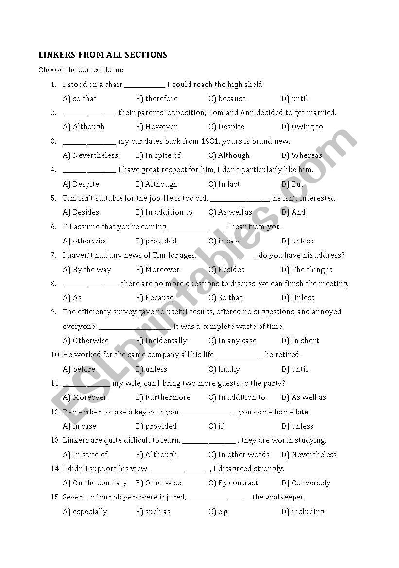 Linking words - multiple choice exercise