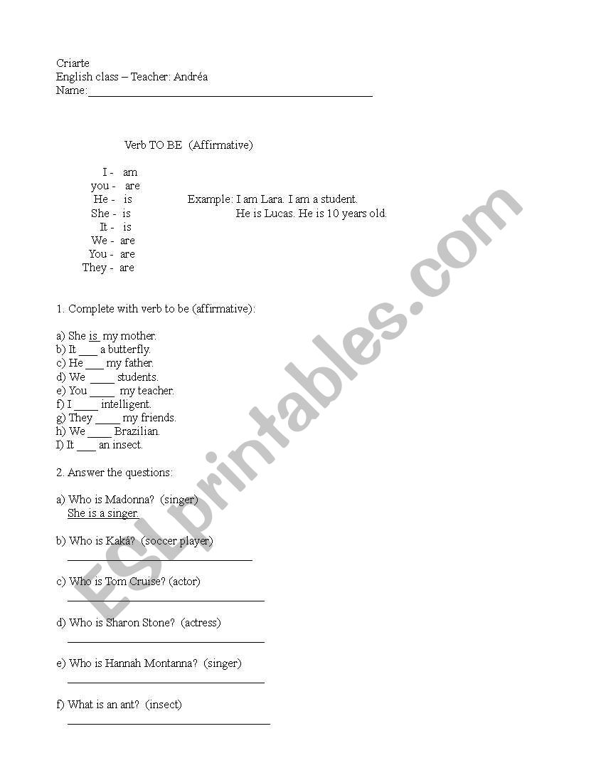 Verb To Be - Affirmative worksheet