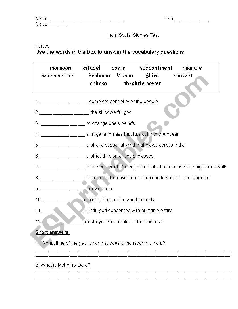 India - fifth grade test worksheet