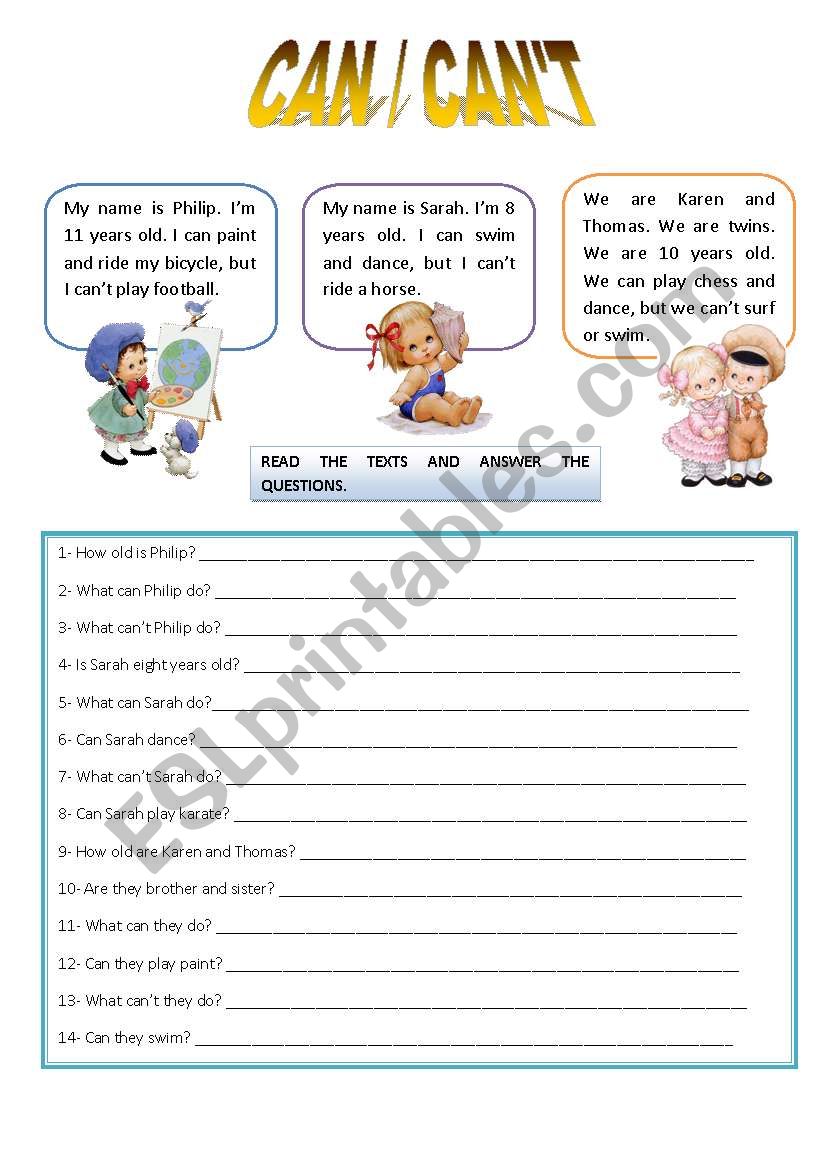 CAN / CAN´T READING AND COMPREHENSION ESL worksheet by sandytita