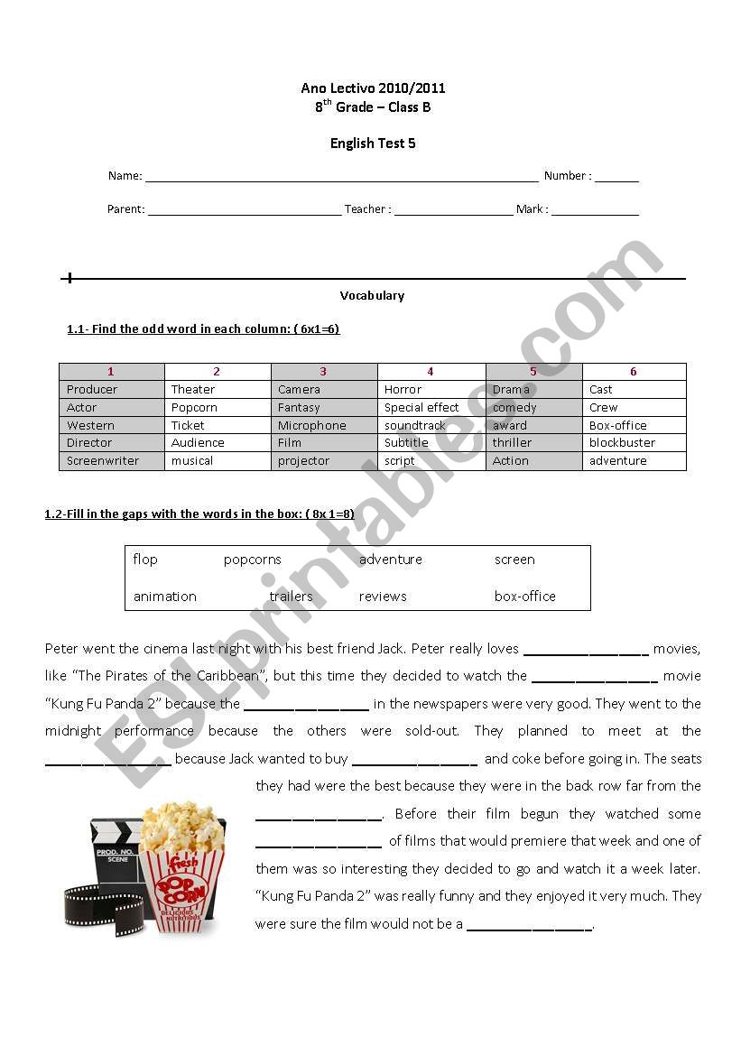 Movies Test worksheet