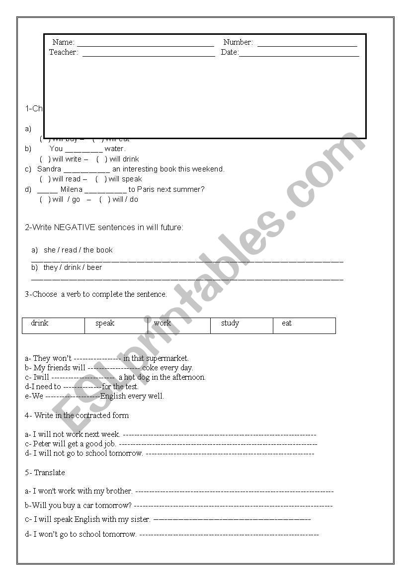 future with will -all forms worksheet