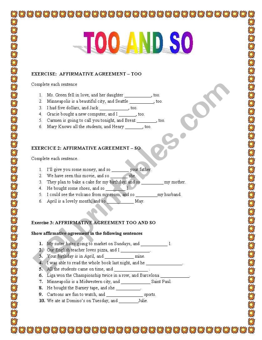 TOO AND SO worksheet