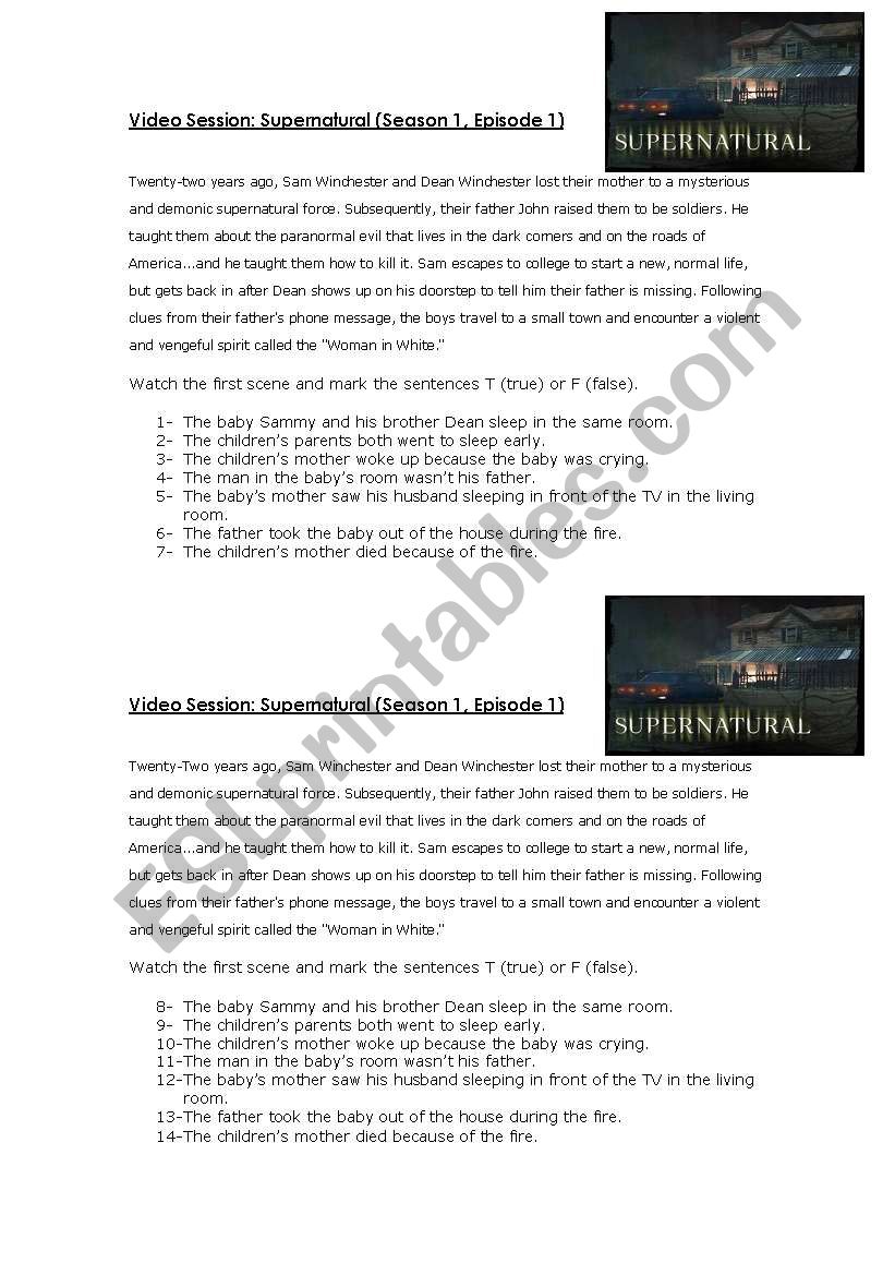 Movie activity Supernatural worksheet