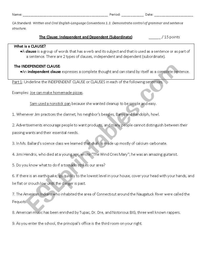 Independent & Dependent Clauses Worksheet