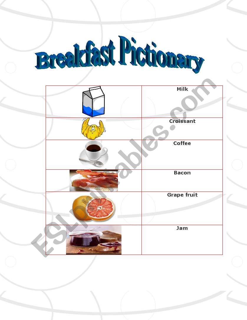 BREAKFAST PICTIONARY-3 PAGES worksheet
