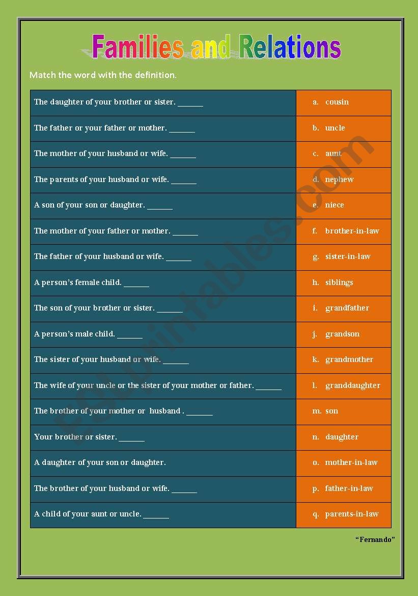 FAMILIES AND RELATIONS worksheet