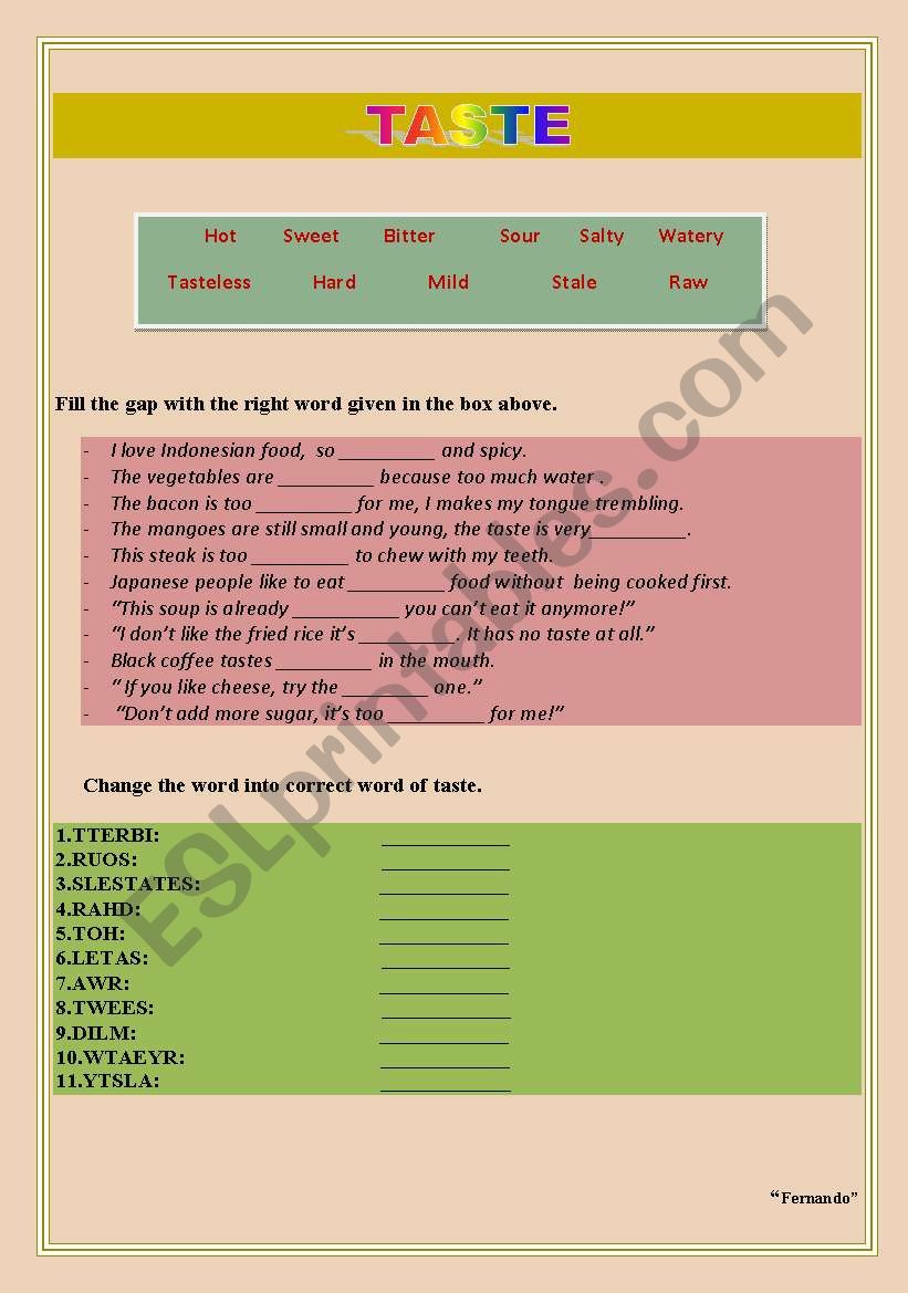 TASTE worksheet