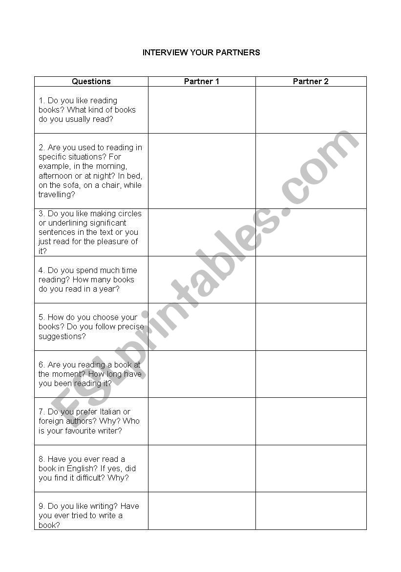 Reading interview worksheet