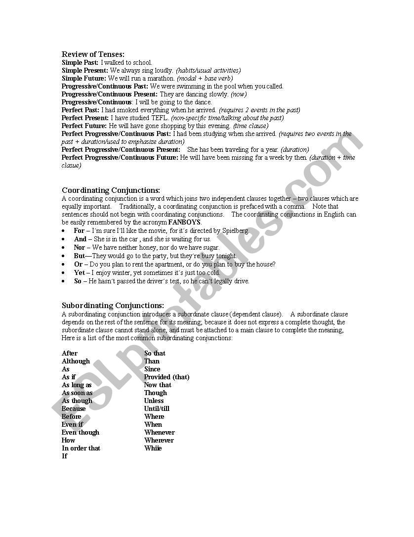 Review of Tenses and Conjunctions