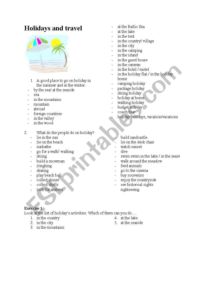 holidays and travel worksheet