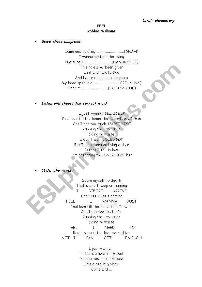 Feel By Robbie Williams worksheet