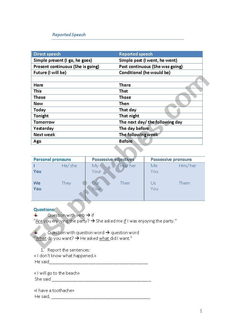 reported speech 8th grade worksheet