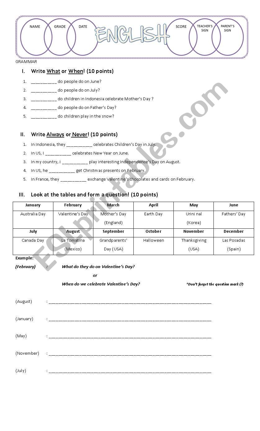 months and holidays worksheet