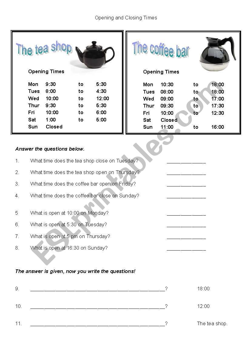 Opening and closing times. worksheet