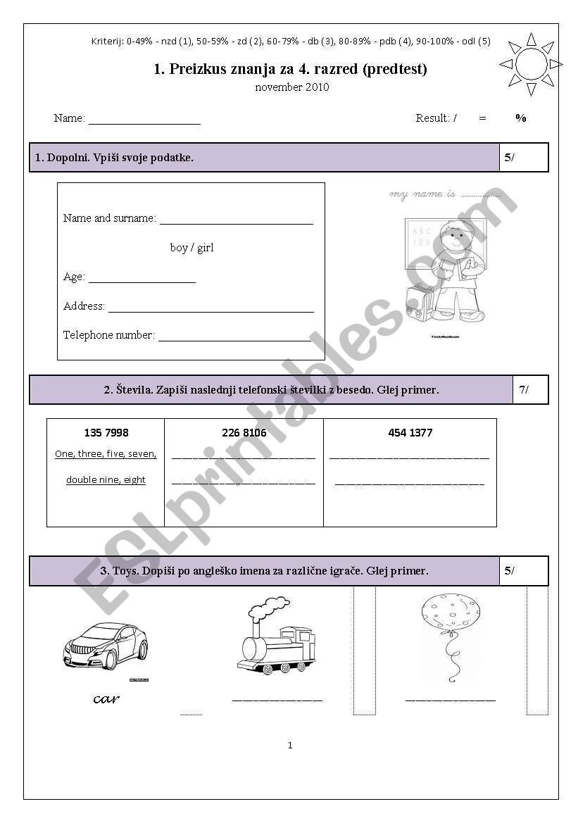 elementary test worksheet