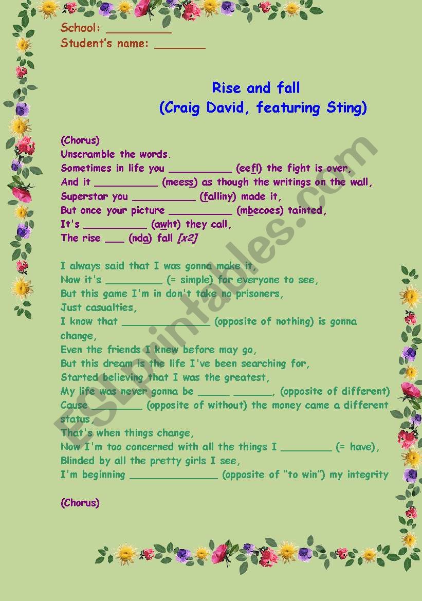 Working with verb tenses and phonetics : Song : Rise and fall (Craig David and Sting) : With B/W copy and answer key