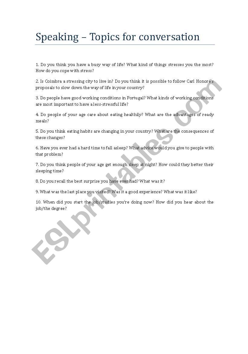 Topics for conversation worksheet
