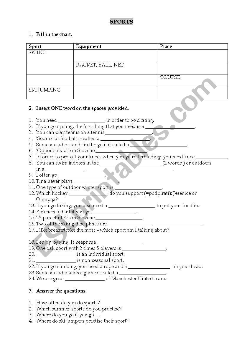 sports  worksheet