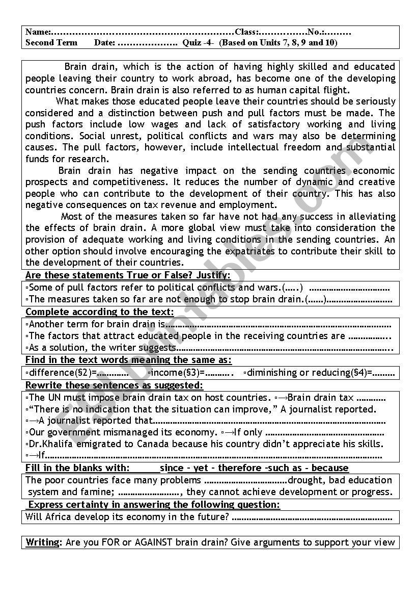 Brain Drain worksheet