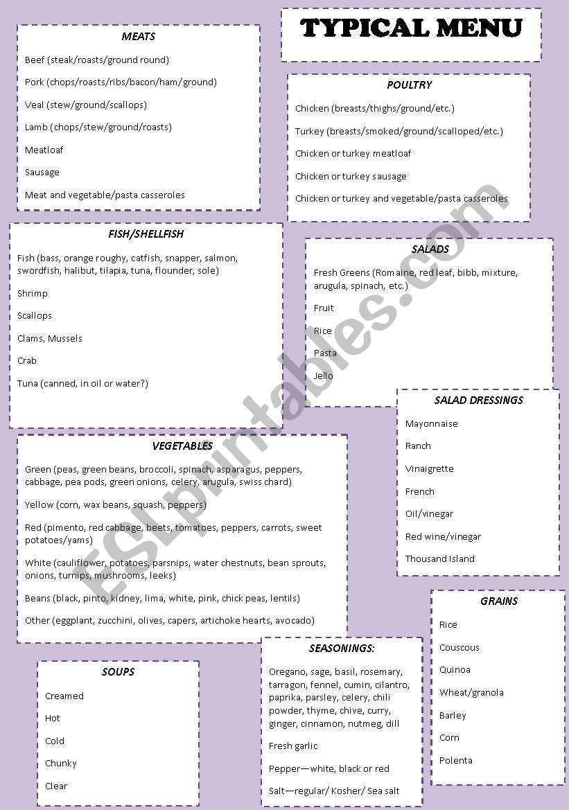 American Menu worksheet