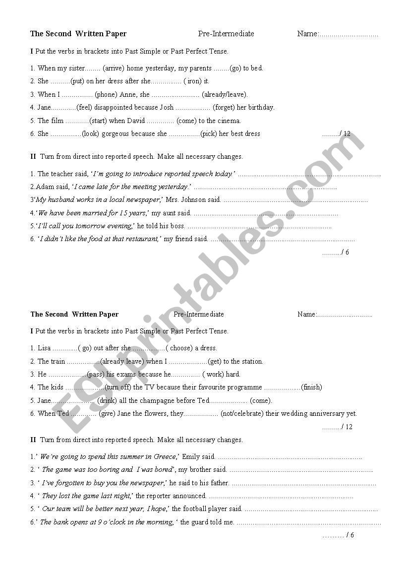 Pre intermediate worksheet