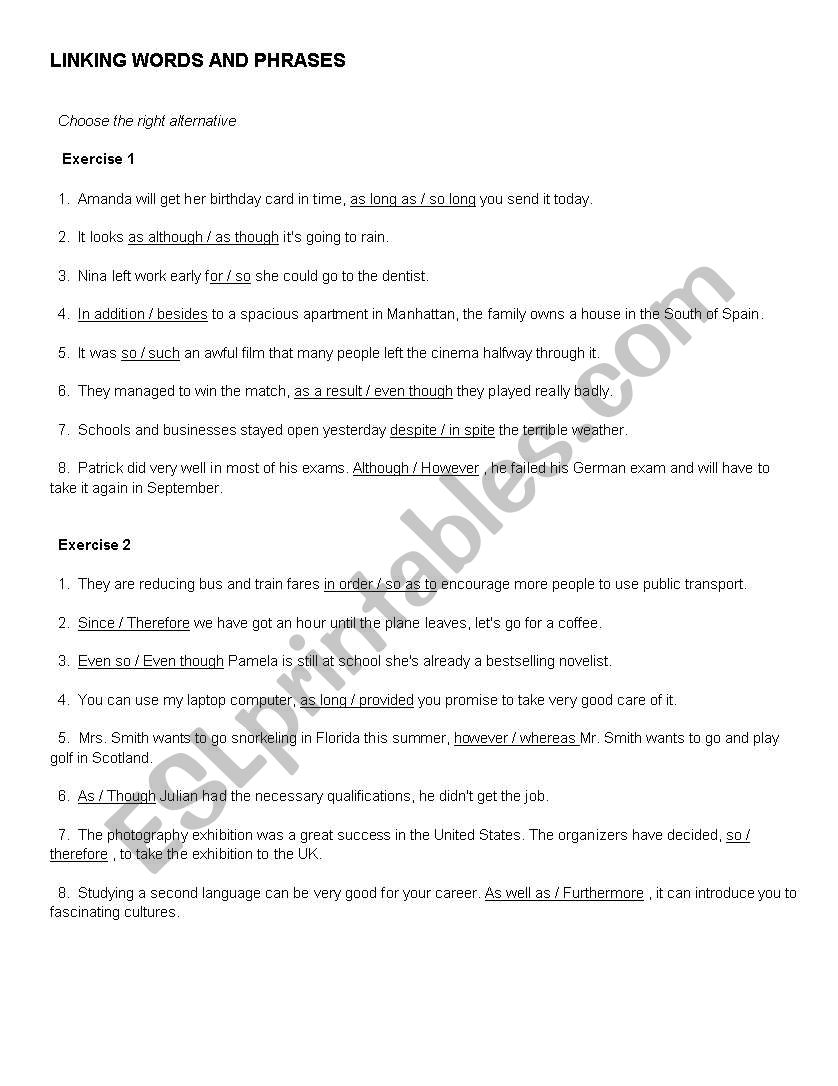 linking words worksheet