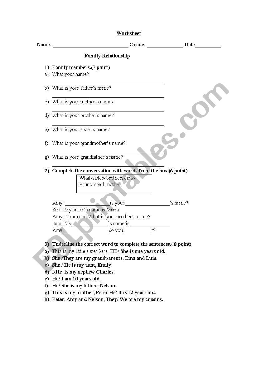 family members worksheet