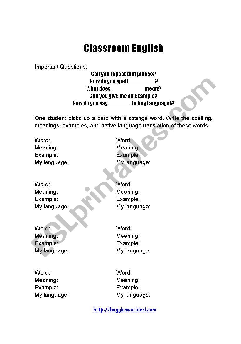 Classroom~Language worksheet
