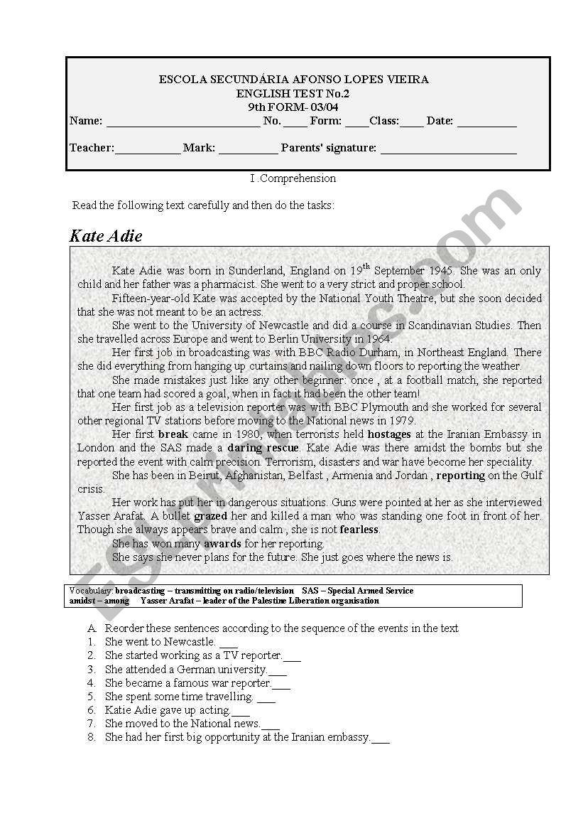 Kate Adie a reporter- test worksheet