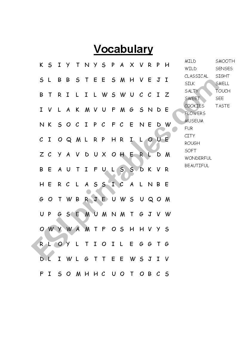 Senses vocabulary wordsearch worksheet