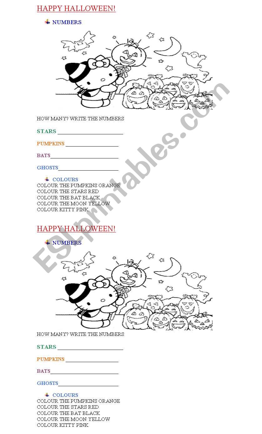  HALLOWEEN WORKSHEET WITH COLOURS AND NUMBERS