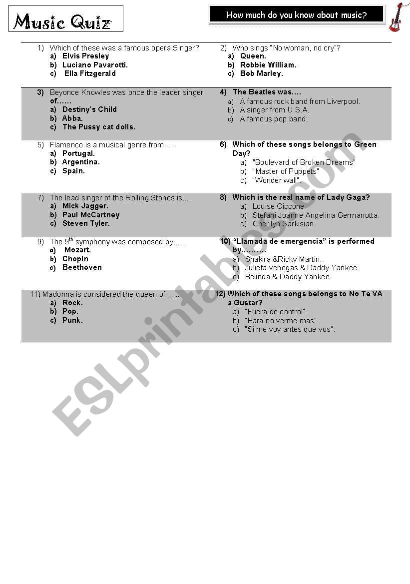 Music quiz worksheet