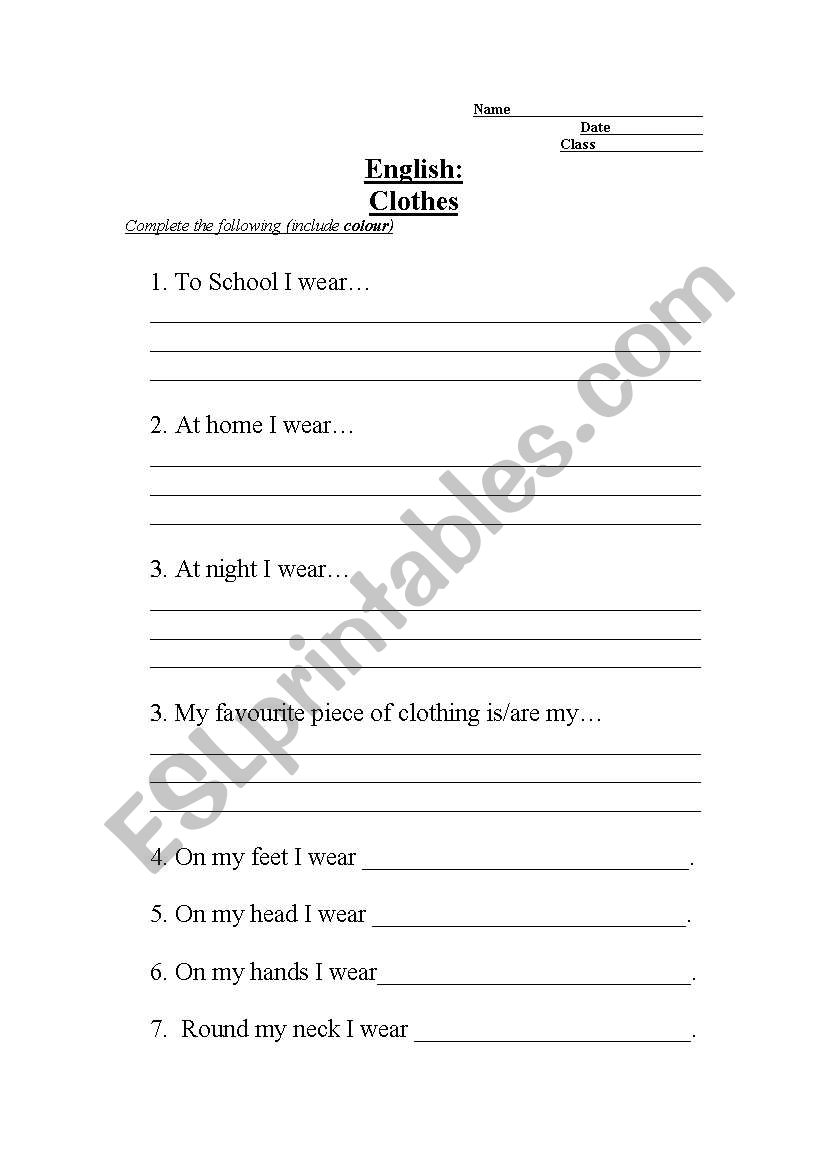 Clothes worksheet