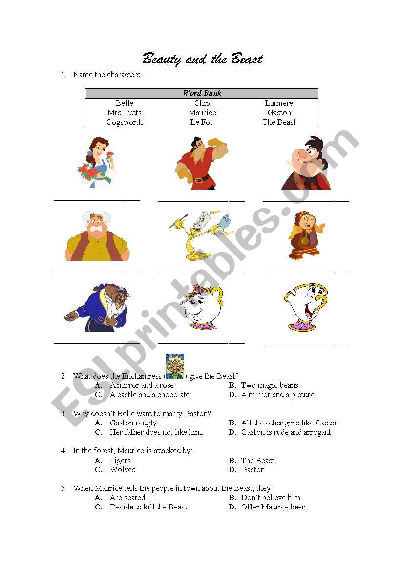 Beauty and the Beast worksheet - part 1 of 2
