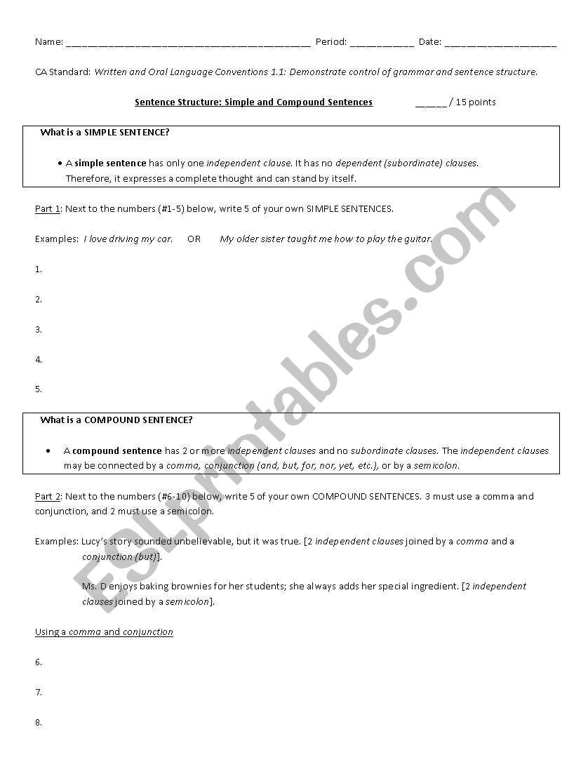 Simple & Compound Sentences Worksheet