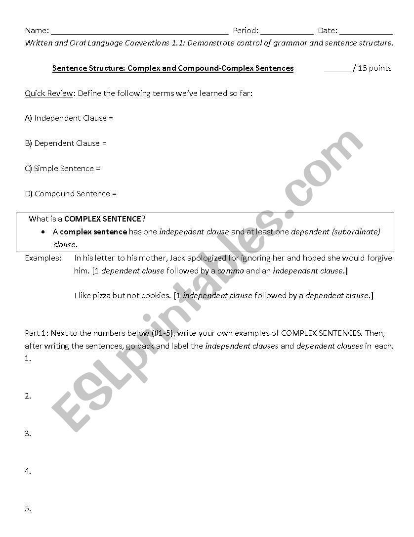 Complex & Compound-Complex Sentences Worksheet