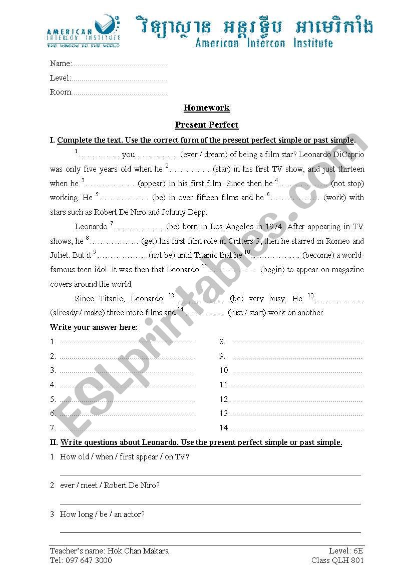 Present Perfect worksheet